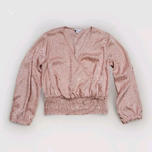 Candies Women's Pink Satin Cheetah Print Cropped Long Sleeve Blouse‎ Size XS - Picture 1 of 16